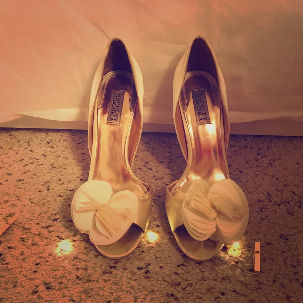 Badgley Mischka white satin heels